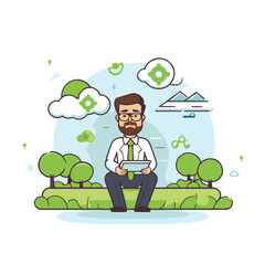 Canvas Print - Businessman with tablet sitting on the grass in the park. Vector illustration.