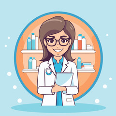 Sticker - Female doctor in medical gown and glasses standing with stethoscope. Vector illustration.