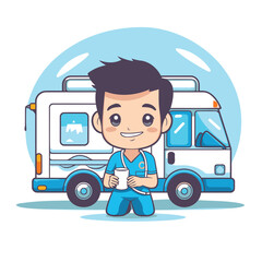 Canvas Print - cute cartoon boy in camper van with coffee cup. vector illustration