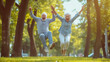 © sandsun - A happy senior couple, full of vitality, joyfully leaps in a park on a sunlit summer day. Their laughter echoes the warmth of enduring love and shared moments