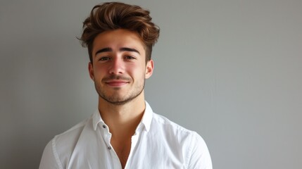 Poster - A man wearing a white shirt is gazing directly at the camera. Suitable for various uses
