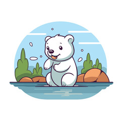 Wall Mural - Polar bear in the river. Cute cartoon character. Vector illustration.