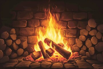 Aufkleber - A fire burning in a stone fireplace with logs. Perfect for cozy winter scenes and home decor inspiration