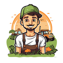 Wall Mural - Farmer with tractor in the field. Vector cartoon character illustration.