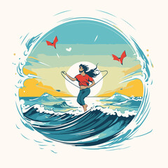 Poster - Surfer girl jumping on the wave. Vector illustration in retro style.