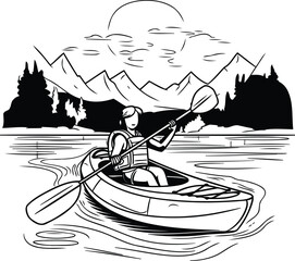 Poster - Kayaking on the lake in the mountains. Black and white vector illustration.