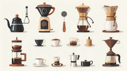 Poster - A collection of coffee and espresso machines and accessories on a clean white background. Perfect for showcasing a variety of coffee-related products and concepts