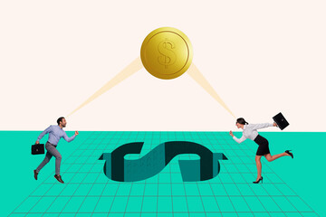 Aufkleber - Artwork collage image of two excited mini people run dollar symbol coin light instead sun isolated on painted background