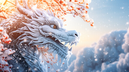 Wall Mural - Banner with white dragon with bokeh winter snow background. Chinese New Year decoration close up of dancing dragon on festive background