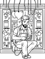 Poster - Sketch of a man with a smartphone in his hands sitting in front of the vending machine.