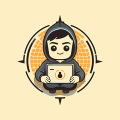 Canvas Print - Cute cartoon hacker with a laptop. Vector illustration in flat style.