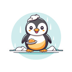 Sticker - Cute penguin with a plate of food. vector illustration.