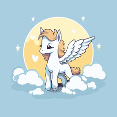 Wall Mural - Cute cartoon pony with wings on the clouds. Vector illustration.