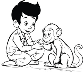 Poster - Monkey and boy playing with a monkey. Black and white vector illustration.