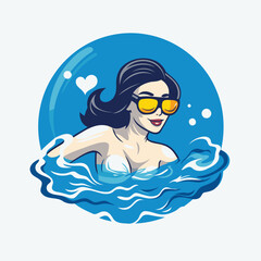 Canvas Print - Illustration of a woman swimming in a pool with heart shaped sunglasses