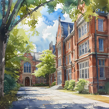 A Watercolors Painting Of A School Building With Green Trees