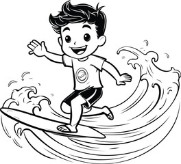 Sticker - Boy surfing on a wave. black and white vector cartoon illustration.