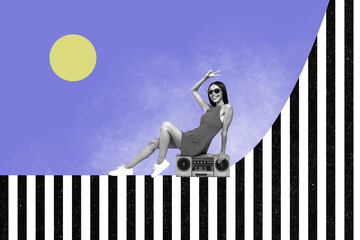 Canvas Print - Creative retro 3d magazine collage image of cool funky lady showing v-sign listening boom box music isolated striped violet color background