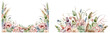 Flowery Corner border and border. Watercolor wildflowers herbal meadow. Botanical retro design template for wedding and cards. Hand-drawn bouquet of leaves and plants.