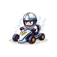 Sticker - Cartoon boy driving a race car on white background. Vector illustration.