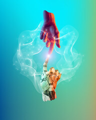 Human hand reaching out to 3D model of robotic hand with light connection on neon background. Conceptual design. Virtual reality gaming platform. Concept of business, innovation, technology