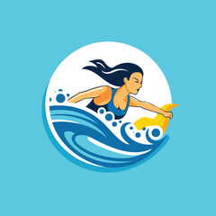 Wall Mural - Surfer woman with a surfboard. Vector illustration in flat style