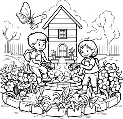 Sticker - Boy and girl watering flowers in the garden. black and white vector illustration