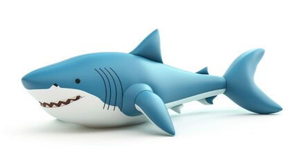 Wall Mural - A blue and white shark toy on a white surface. Funny cute inflatable toy on white background.