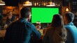 three men at a bar with a green screen and beer on tap, in the style of use of screen tones,