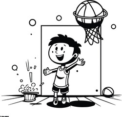 Poster - Cartoon boy playing basketball. Black and white vector illustration for coloring book.