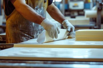 Poster - A man wearing an apron creating a paper craft. Suitable for DIY projects and arts and crafts themes