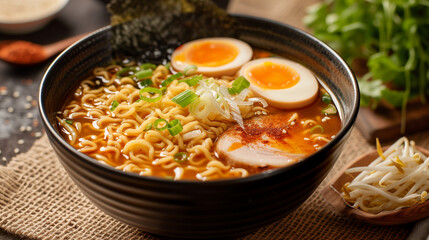  romatic ramen bowl, a steaming symphony of flavors. Thin noodles entwined in savory broth, adorned with vibrant veggies and succulent slices of meat. A gastronomic journey in a humble bowl