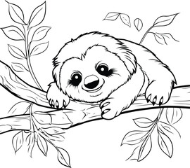 Poster - Black and White Cartoon Illustration of Cute Baby Sloth Animal for Coloring Book