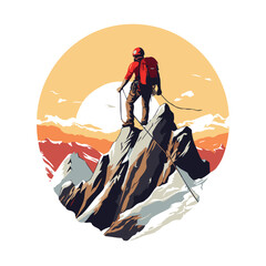 Wall Mural - Mountaineer on the top of a mountain. Vector illustration.