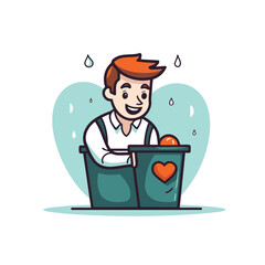 Sticker - Man sitting in trash can and holding red heart. Vector illustration.