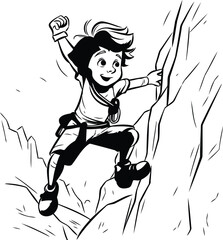 Poster - Kid climbing on a cliff. Black and white vector illustration in cartoon style.