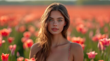 Wall Mural - Stunning young woman with long beautiful brunette hair, green eyes, elegant dress. in a field of flowers