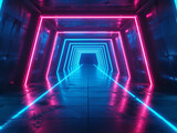 Fototapeta Do przedpokoju - Hexagon-shaped corridor with blue and pink neon lights, offering a perspective into a modern and digital world