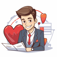 Sticker - Businessman with heart and documents. Vector illustration in cartoon style.