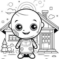 Poster - Black and White Cartoon Illustration of Cute Baby Boy Character for Coloring Book