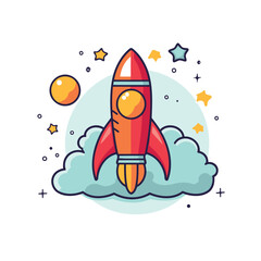 Wall Mural - Space rocket icon in flat line style. Vector illustration with rocket and stars.