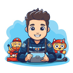 Wall Mural - Cute cartoon boy playing video games. Vector illustration in a flat style.