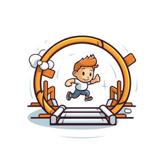 Poster - Boy running on a treadmill. Vector illustration of a cartoon character.