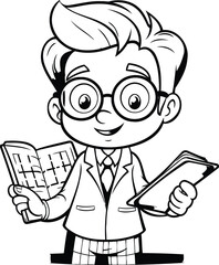 Sticker - Black and White Cartoon Illustration of Schoolboy or Professor Character with Book