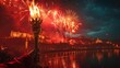 Olympic torch is being held by a hand, with a backdrop of a city and fireworks lighting up the sky