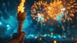 a hand grasping Olympic torch, set against the backdrop of A cityscape and an awe-inspiring display of fireworks illuminating the sky
