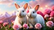 cute bunny couple on a mountain top of a flower