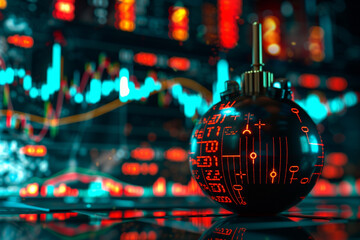 A bomb with a digital readout, surrounded by financial charts and graphs, depicting the urgency in market fluctuations