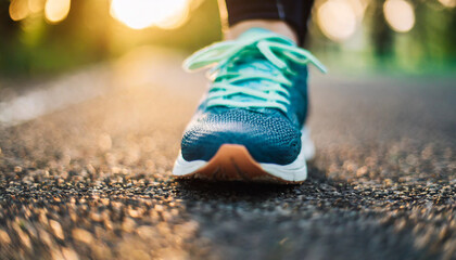 young female runner poised at the starting line, close-up of athletic shoe, ready for outdoor sports competition