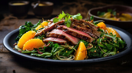 Appetizing duck salad with herbs and oranges on a dark background